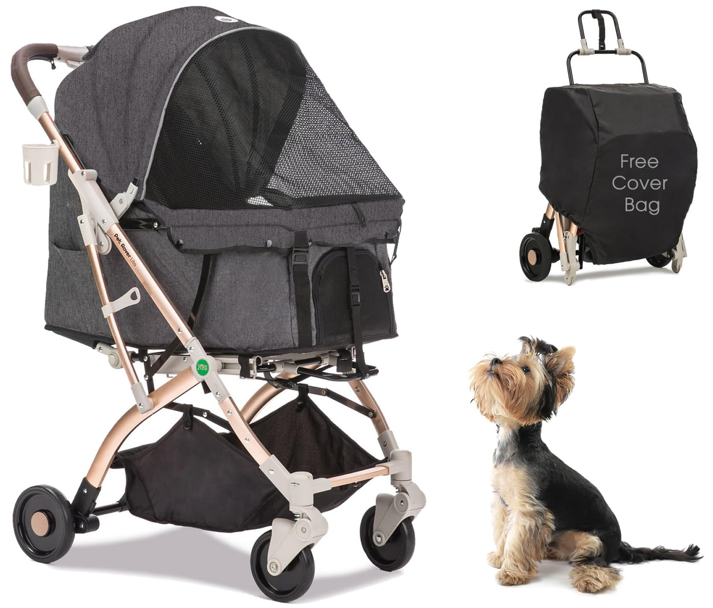HPZ-PR America Pet Rover Lite Premium Light-Weight Dog/Cat/Pet Stroller Travel Carriage with Convertible Compartment/Aluminum Frame for Small & Medium Pets (Gray 2nd-Gen.)