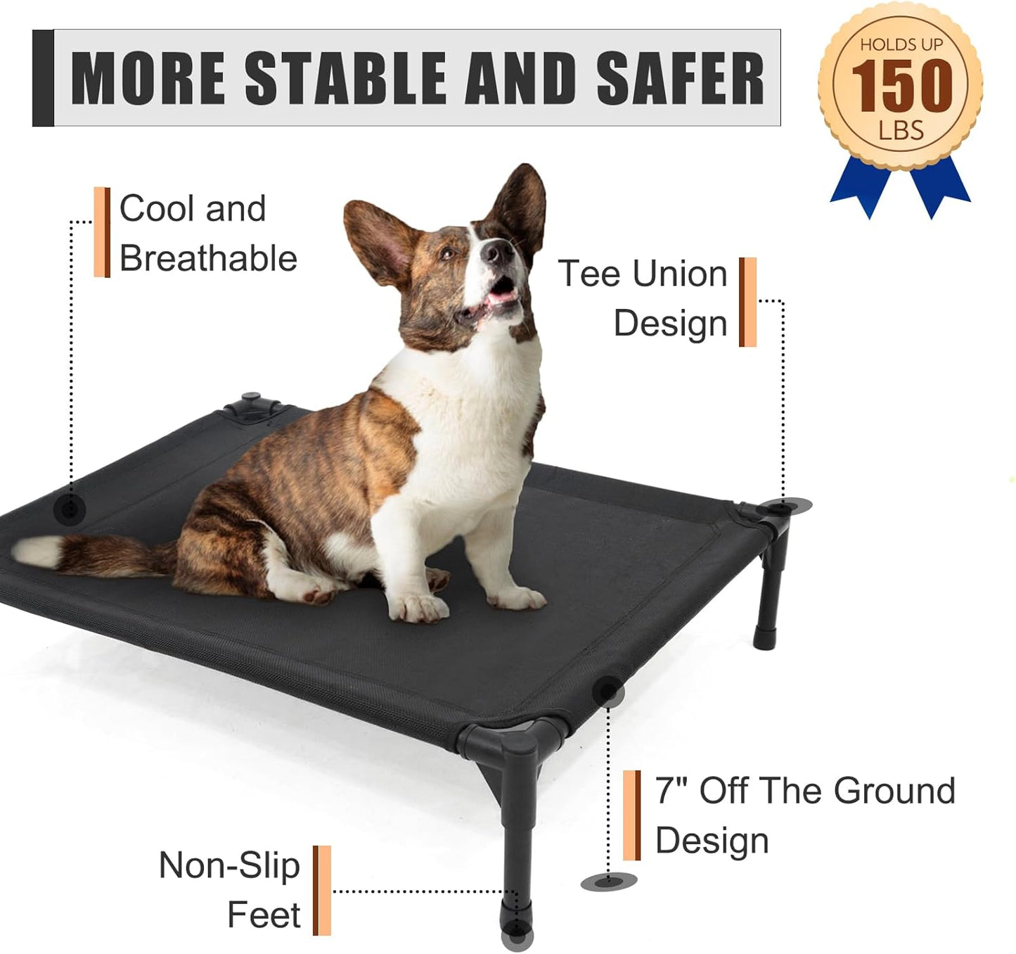 Elevated Dog Bed for Medium Dogs, Raised Dog Cot Beds Fits Up to 150 LBs, Heavy Duty Pet Cots with Durable Supportive Teslin Recyclable Washable Mesh, Indoor & Outdoor Dog Bed, Black