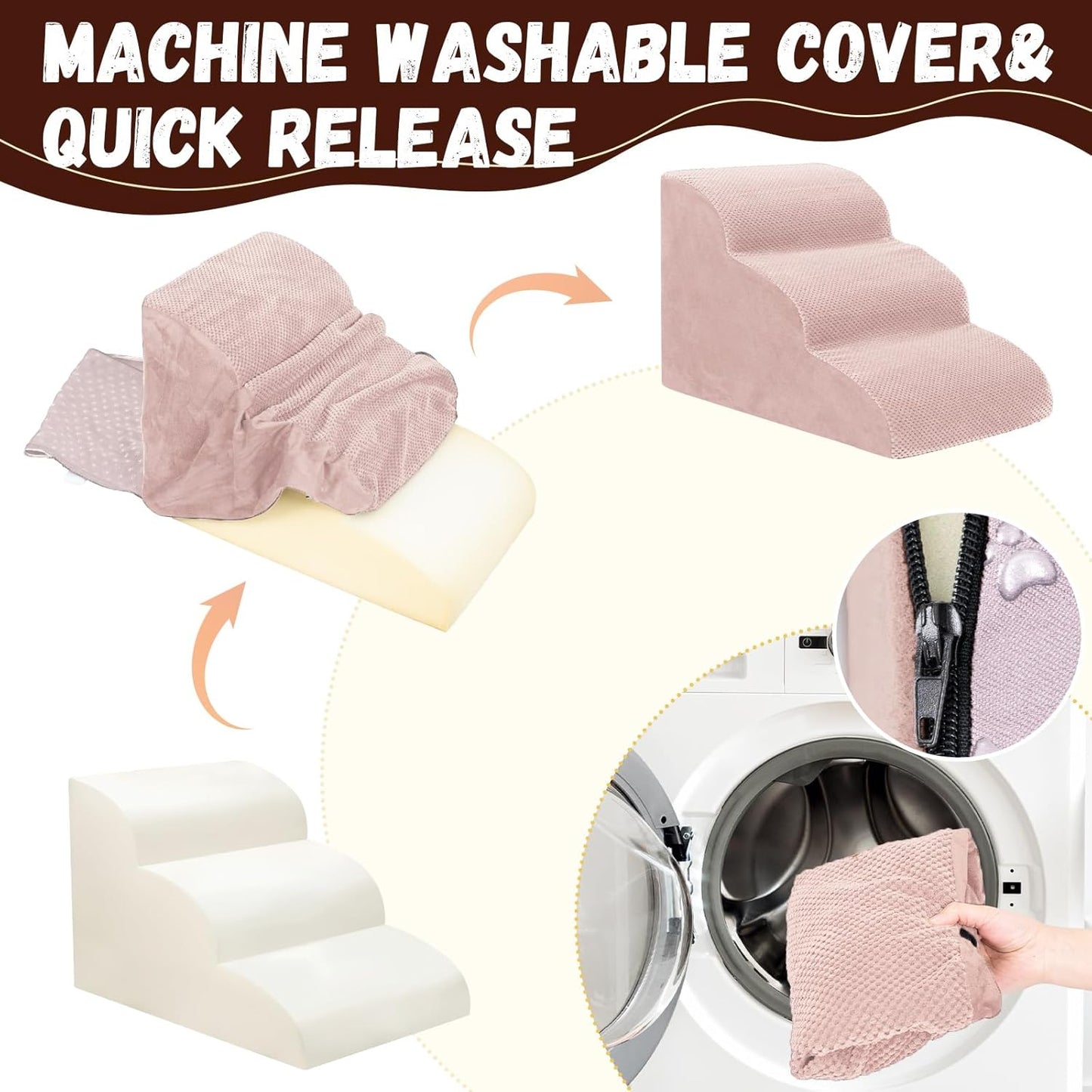 Dog Stairs for Small Dogs - High Density Foam Pet Steps, Extra Wide Dog Ramp with Non-Slip Bottom for High Beds, Couch and Sofa, Best for Dogs Injured, Older Doggy Cats,3 Steps, Pink