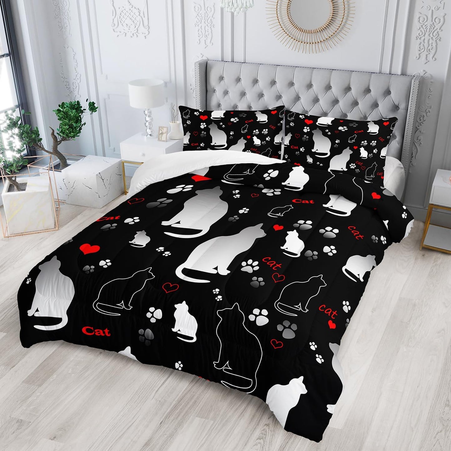 Kawaii Cat Animal Themed Comforter Set 3Pcs Full Black White Pet Cat Bedding Set for Kid Teen Girl Boy Adult Room Decor Cartoon Cat Paw Heart Pattern Quilt with 1 Comforter and 2 Pillowcases