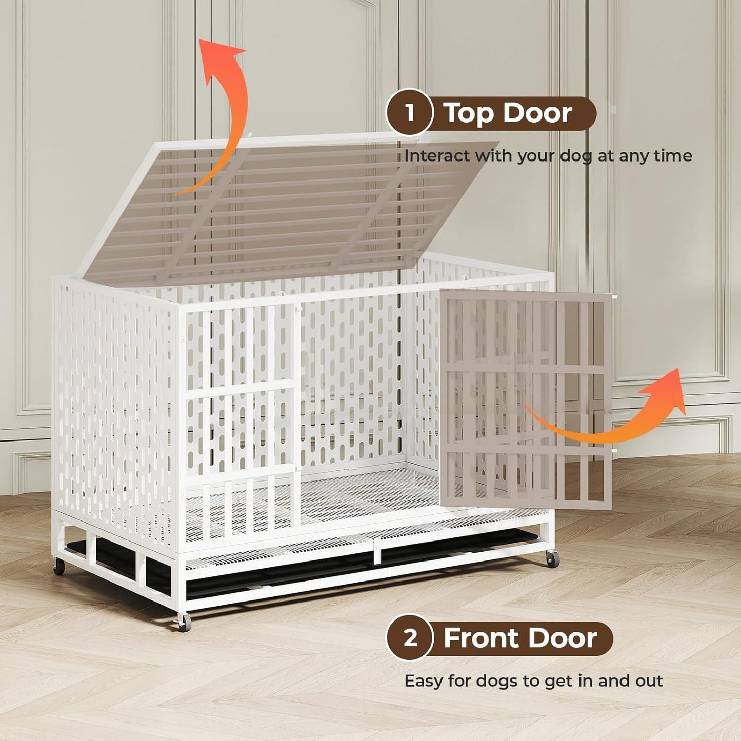 48 Inch Heavy Duty Indestructible Dog Crate Steel Escape Proof, Indoor Double Door High Anxiety Cage, Kennel with Wheels, Removable Tray,White,Extra Large XL XXL