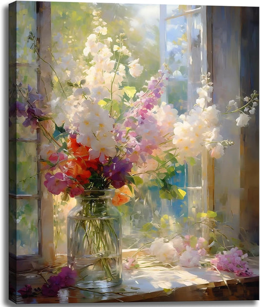 Colorful Flower Framed Canvas Wall Art, Watercolor Floral Bathroom Wall Decor, Spring Nature Wall Painting, Multicolor Botanical Art Print for Living Room, Bedroom, Office - 12X15