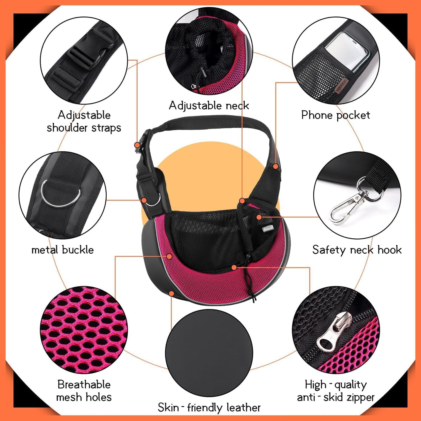 YUDODO Pet Sling Carrier for Small Dogs & Cats – Hands-Free Puppy Carrier with Safety Hook, Large Zipper Pocket, Soft Breathable Mesh, Adjustable Strap & Reflective Strip (Pink 3.0 S)