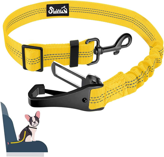 SlowTon Dog Harness, Adjustable Dog Seatbelt, 2 in 1 Latch Bar Attachment, Reflective Nylon Belt Tether, Yellow, 27.55in