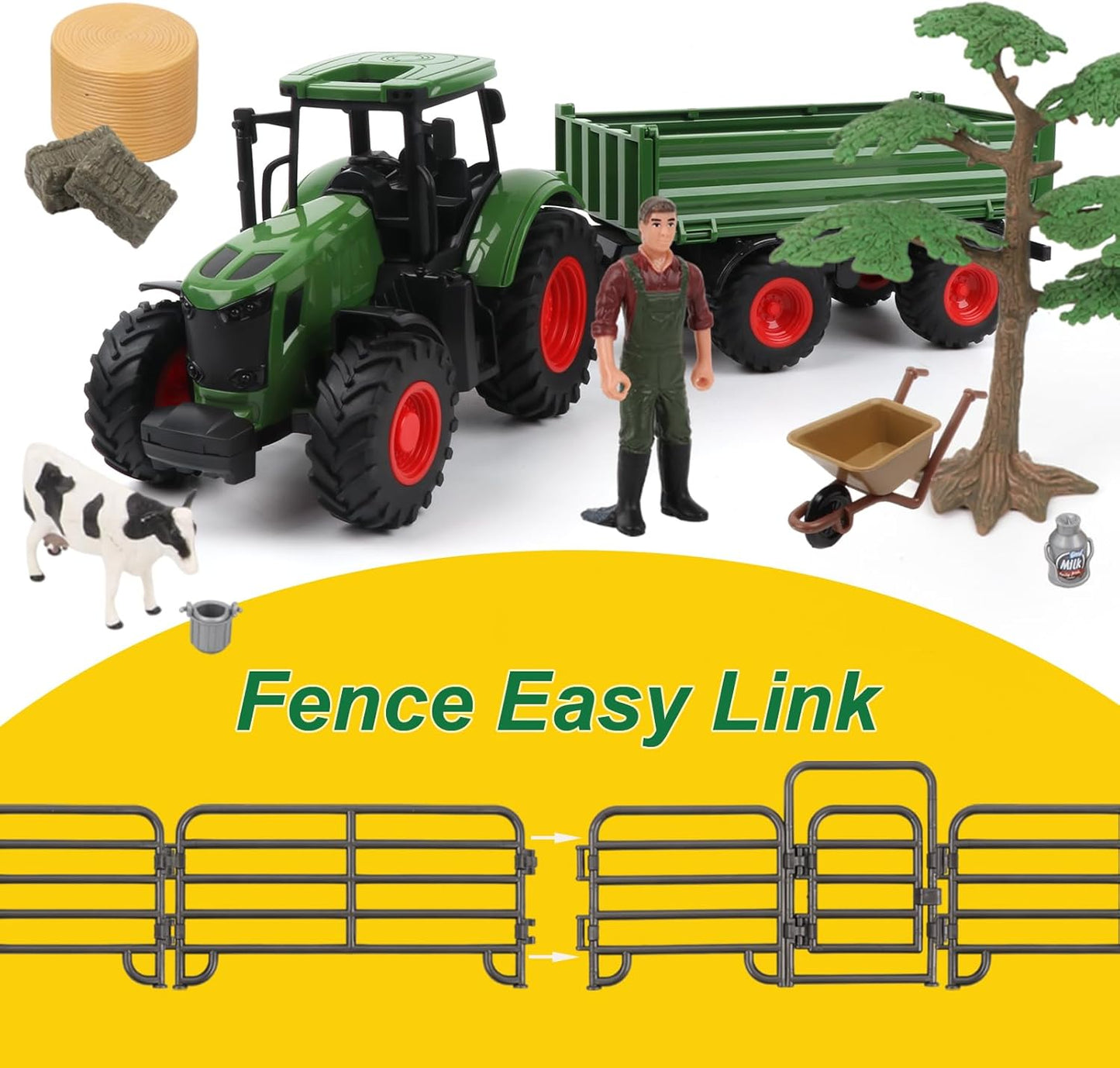 Farm Animal Tractor Toys Playset-16.5 Inches Tractor with Trailer Fence,Farmer,Tree,Cow,Farm Toy Set for Boys Girls Kids Toddlers Age 3-7 Years Old