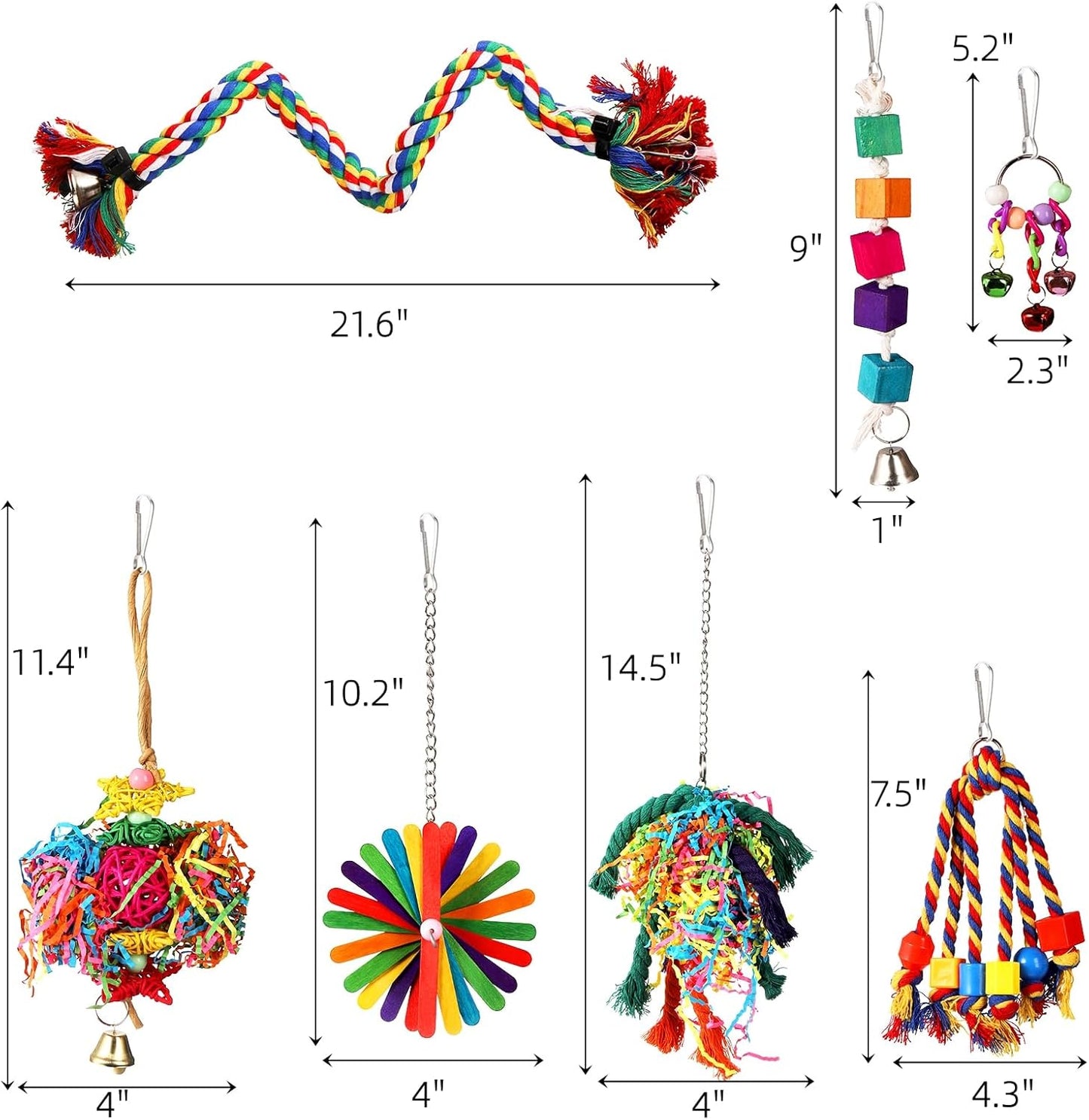 Lyellfe 7 Pieces Bird Chewing Toys, Bird Toys for Parakeets, Colorful Wood Parrot Foraging Shredder Toy Swing Hanging for Cockatiels, Budgerigar, Conures, Finches