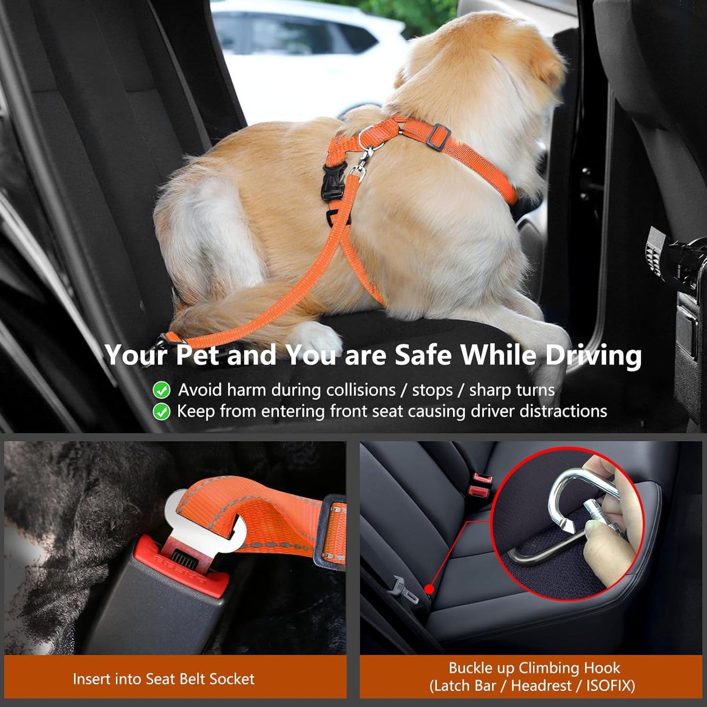 Dog Seat Belt Harness for Car, Dog Car Harness Adjustable Mesh Breathable & Dogs Seatbelt Safety Tether with Elastic Bungee for Small Medium Large Pets(Orange, XL)