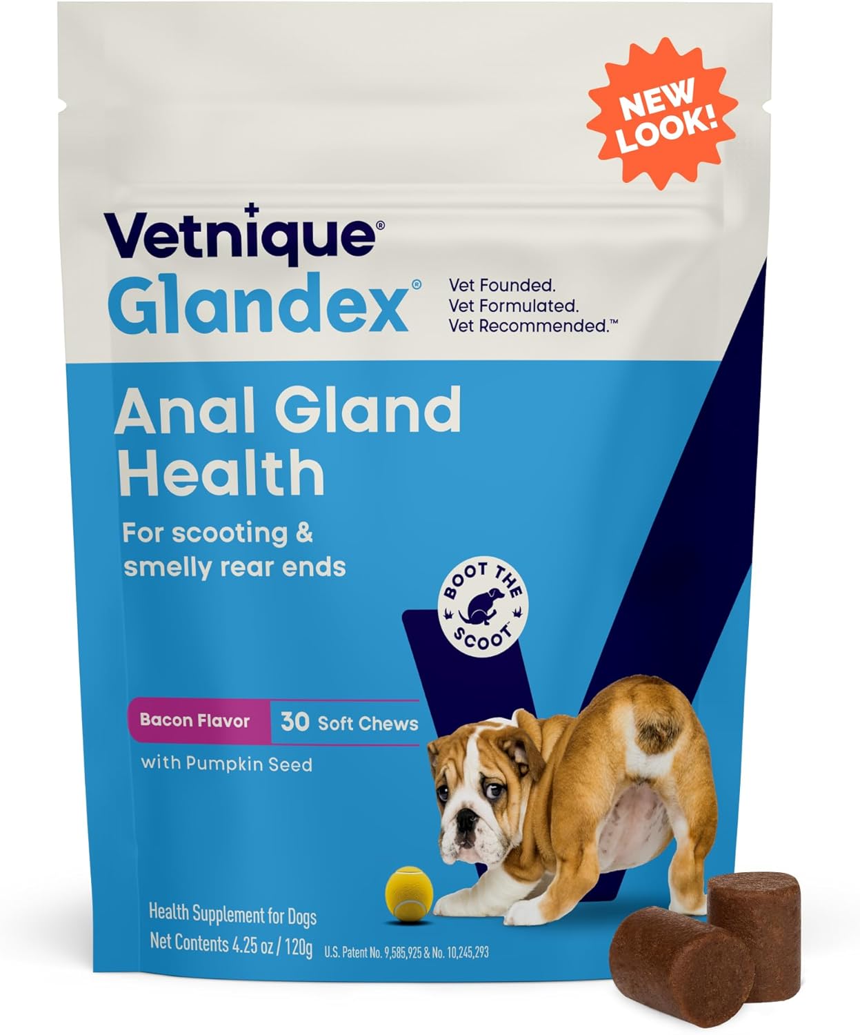 Vetnique Labs Glandex Anal Gland Soft Chew Treats with Pumpkin for Dogs Digestive Enzymes, Probiotics Fiber Supplement for Dogs Boot The Scoot (Bacon Flavor Chews, 30 Count)