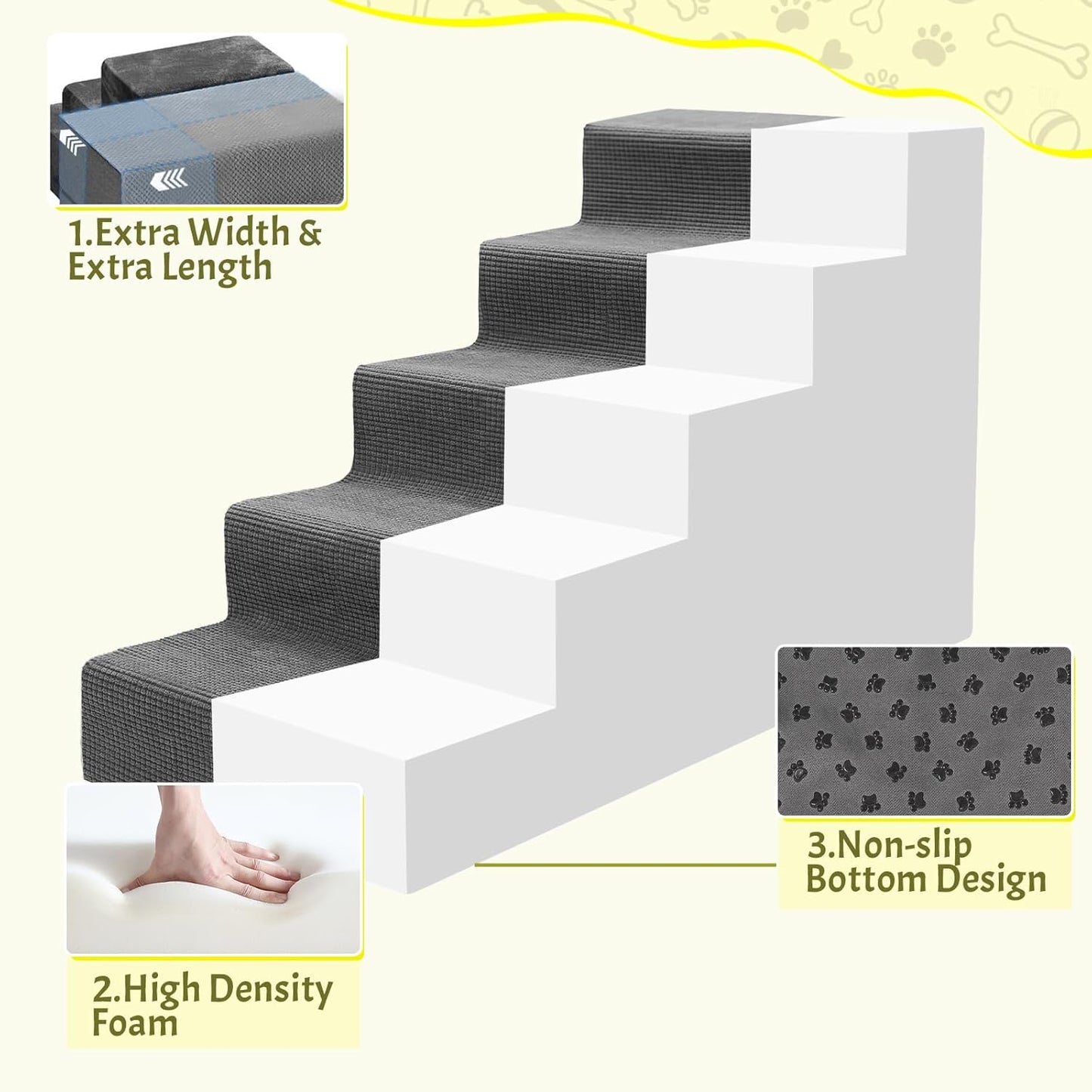 Niubya Dog Stairs for Small Dog and Cats,23”H Non-Slip Bottom Pet Steps for High Beds and Couch,High-Density Foam Pet Stairs Grey,5 Steps