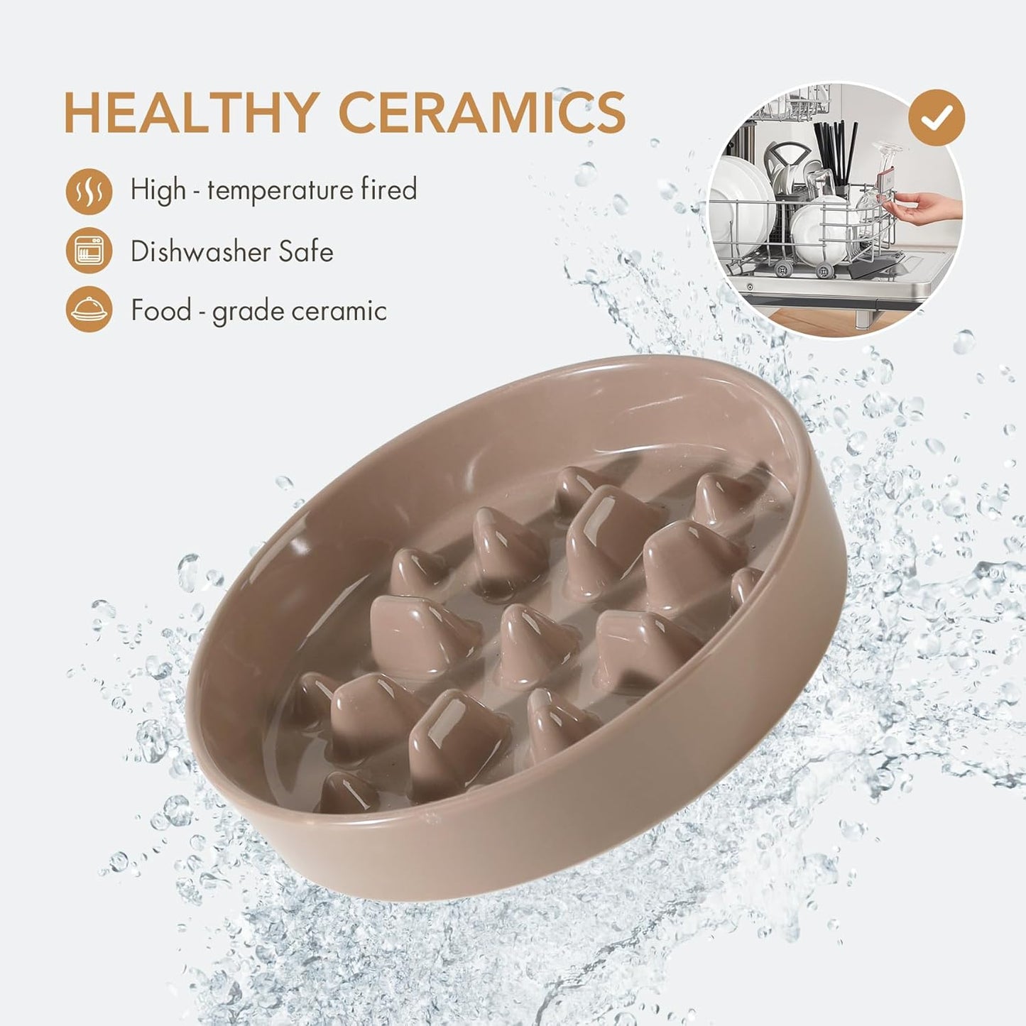 Ceramic 8.2 inch Dog Bowl Slow Feeder, Slow Pet Food Dish for Medium and Large Dog, Stop Bloat, Preventing Choking(Single Bowl, Brown Coffee)