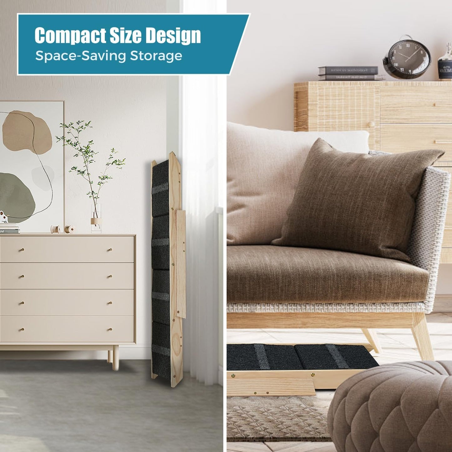 Wood Pet Stairs/Pet Steps for All Dogs and Cats - 2-in-1 Foldable Carpeted 4 Tiers Dog Stairs & Ramp Perfect for Beds and Cars - Portable Dog/Cat Ladder Up to 150 Pounds