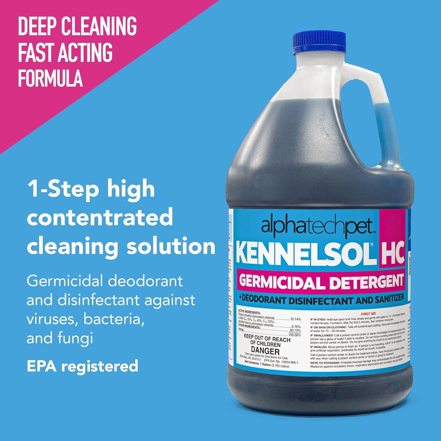 KennelSol HC 1-Step High Concentrated Kennel Cleaner - 1 Gallon Liquid Disinfectant, Effective Against Bacteria and Viruses, Deodorizer by Alpha Tech Pet