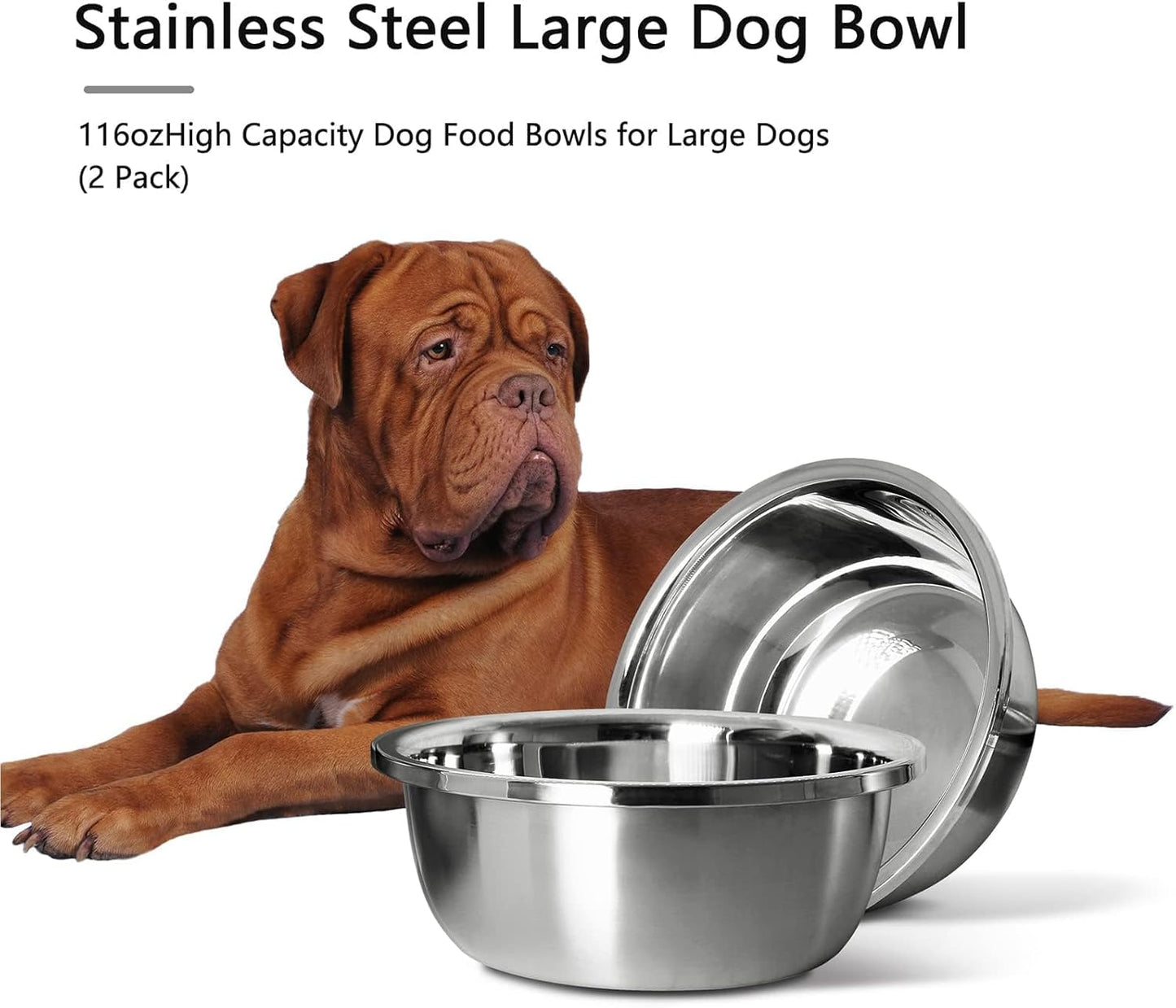 Stainless Steel Large Dog Bowl Set of 2, with 116 oz (15cup) High Capacity Metal Dog Food Bowls,Desirable Water and Food Bowls for Large, X-Large, and Giant Dogs,Heavy Duty, BPA-Free