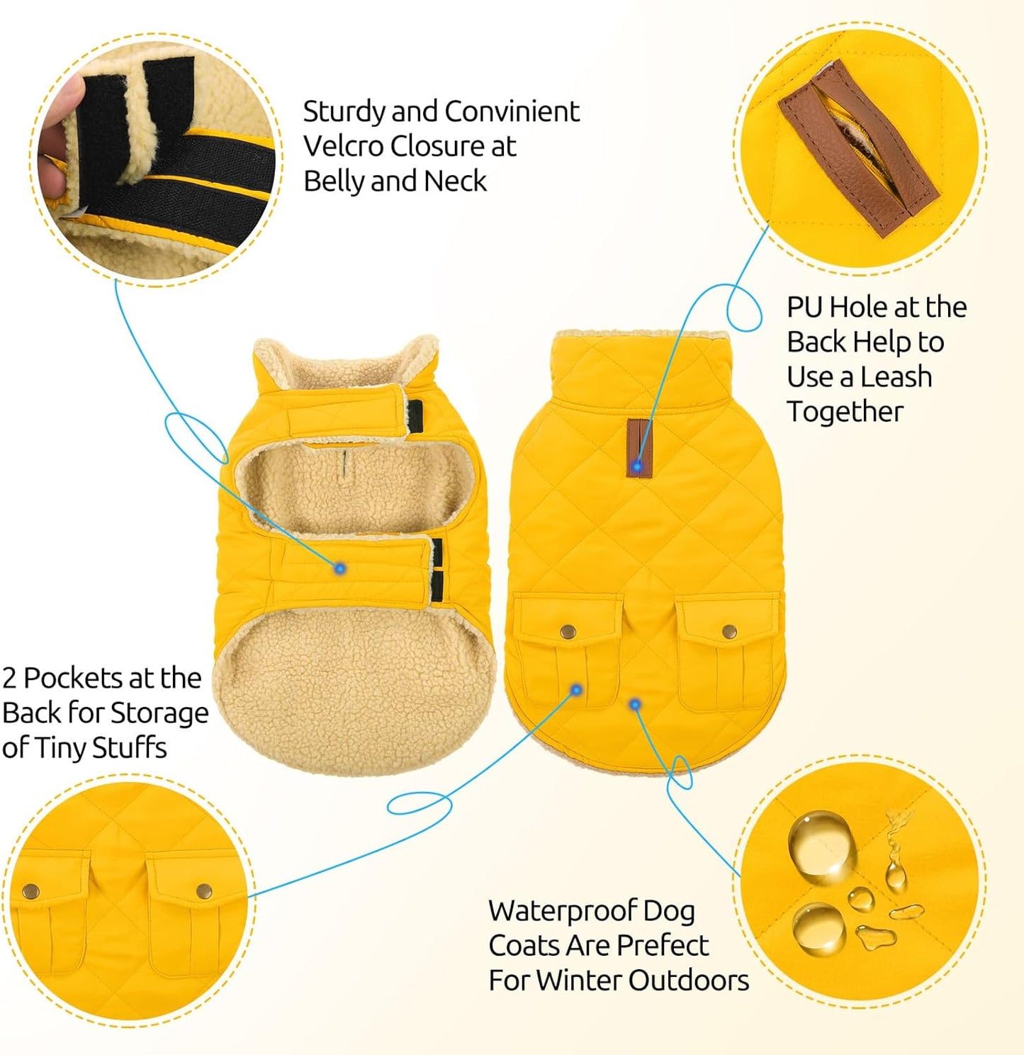 Queenmore Dog Winter Coat Warm Puffer Jacket Waterproof Plush Lining Thermal Cold Weather Vest for Small Medium Large Dogs, Windproof Easy On Pet Jacket Yellow S