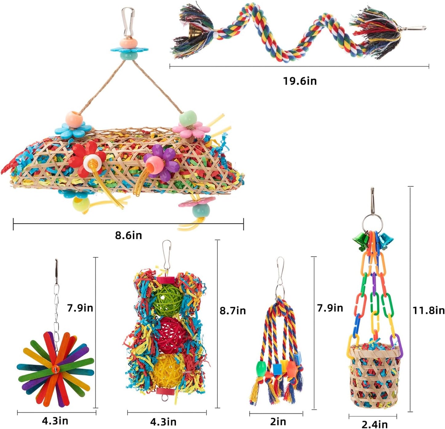 RLRICH 6 Pack Bird Colorful Chewing Toys Parrot Foraging Shredder Toys Shred Hanging Foraging Toys,Comfy Perch Parakeet Toys for Rope Bungee Bird Toy