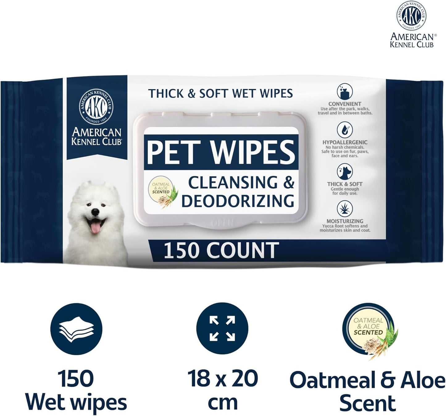 AKC Pet Wipes for Dogs & Cats – Hypoallergenic, Alcohol-Free Wipes for Paws, Face, Ears & Coat – Thick, Gentle Cleaning with Natural Aloe – Available in Lavender, Fresh & Oatmeal Scents