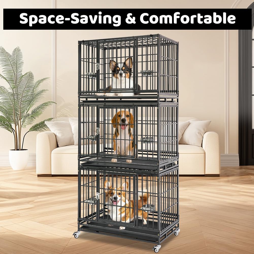 Homey Pet 3 Pack Three Levels 37 Inch Dog Crate, Escape Proof Dog Cage Kennel Indoor with Top Access and Lockable Wheels, Removable Tray, Heavy Duty Dog Crates for Medium/Small Dogs