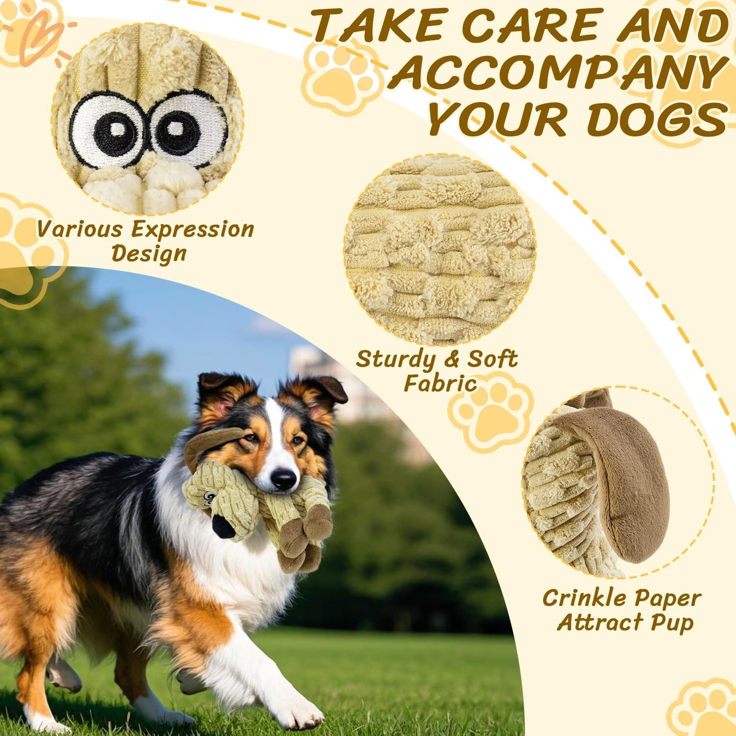 Squeaky Stuffed Dog Toys, Chew Toy for Large Medium Small Breeds, Plush Dog Toys to Keep Them Busy, Puppy Teething Dog Toy, Crinkle Dog Toy (Khaki Dog)