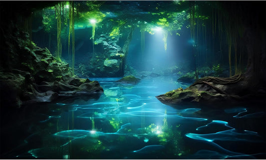 Cave Aquarium Background Underwater Cave with Light Beam Tranquil Stream Terrarium Background Mysterious Elegant Fantasy Tropical Plants Fish Tank Backdrop Wallpaper Poster Decorations Vinyl 72x16in