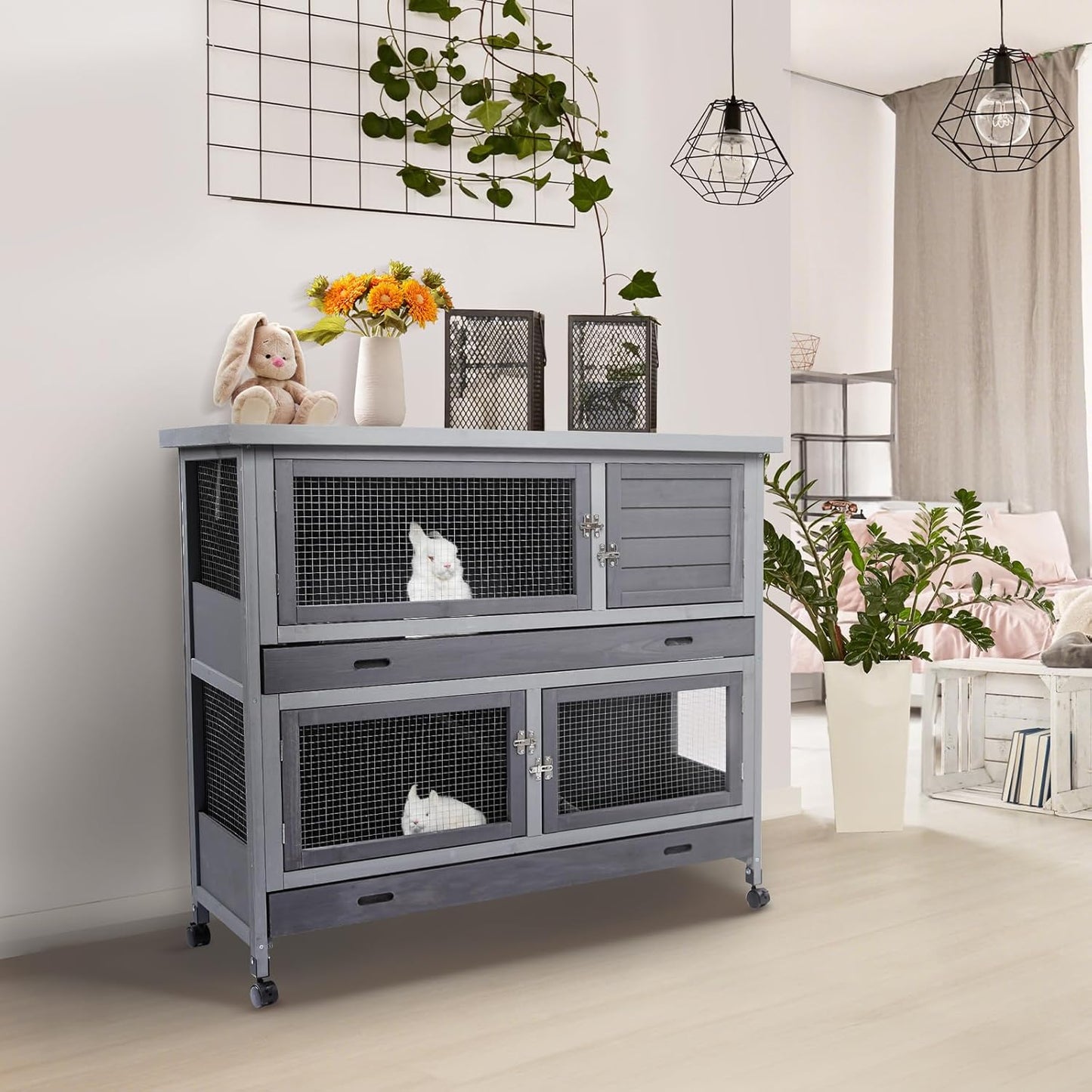 Rabbit Hutch Bunny Cage Indoor Outdoor with Wheel Deeper Tray Chew Proof Guinea Pig Cages 2 Decks Large Rabbit House with 4 Wooden Doors Weatherproof 41.3" L*17.3" W*41.3" H