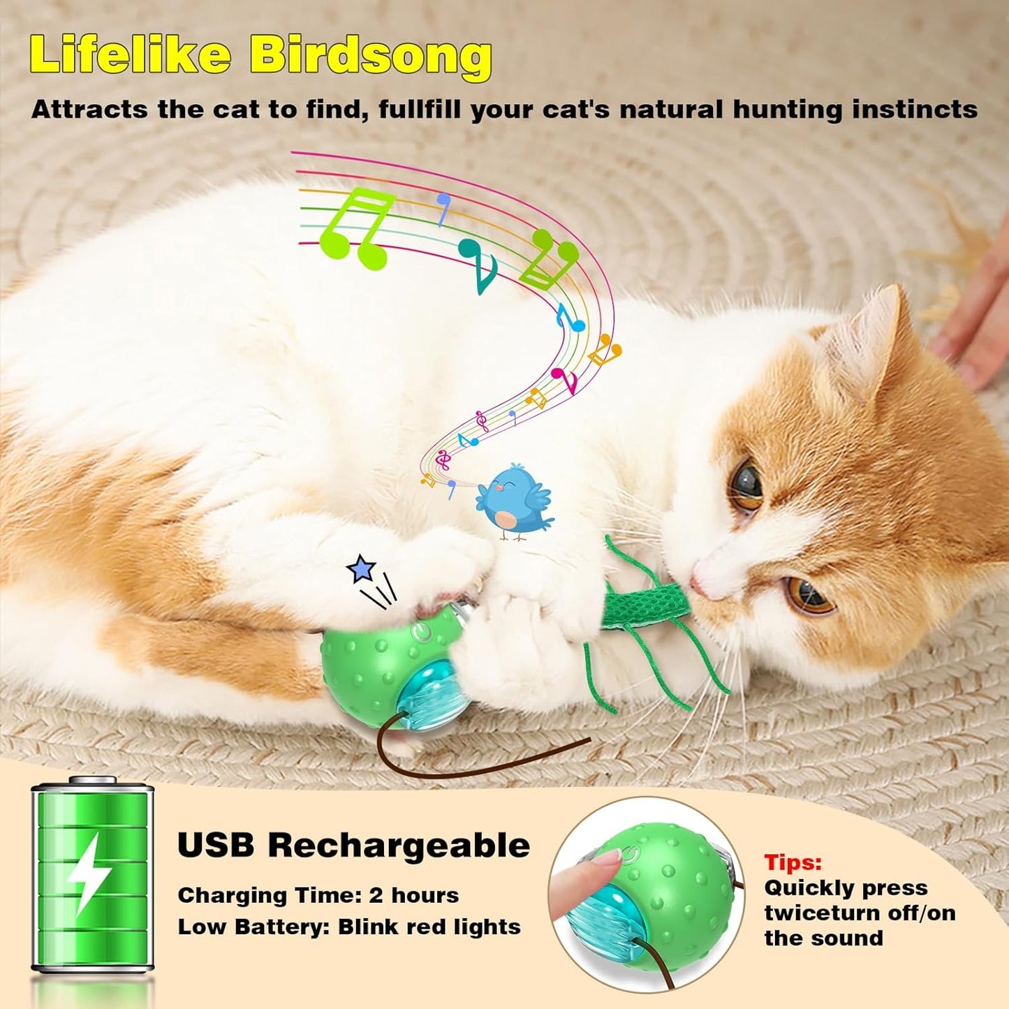 Interactive Cat Toys for Indoor Cats, Moving Cat Ball with Tail, Fast Rolling on Carpet, Chirping & Motion Activate Toy for Bored Indoor Adult Cats