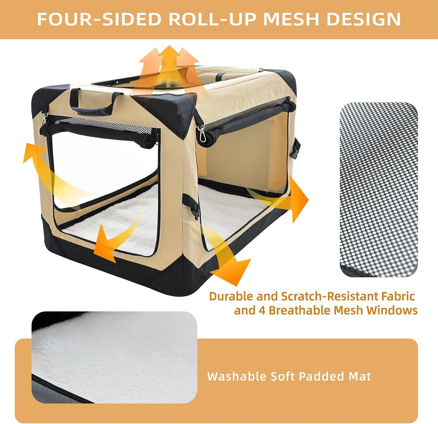 Pettycare 42 Inch Collapsible Dog Crate for Large Dogs, 4-Door Foldable Soft Kennel With Chew Proof Mesh Windows, Indoor & Outdoor Travel, Beige