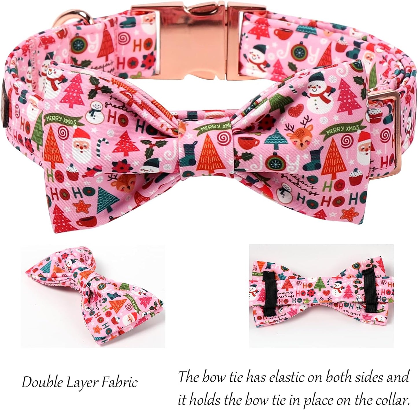 Lionet Paws Christmas Dog Collar with Bow tie,Cute Ho Christmas Tree Snowman Pink Dog Collar Bow Tie for Dogs Female, Medium, Neck 13.5-22 inches