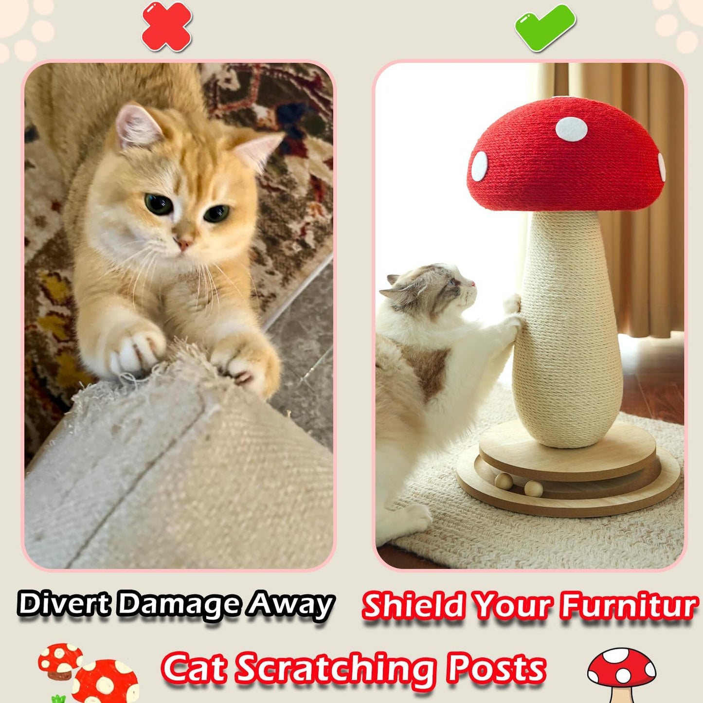 Cat Scratching Post Mushroom Cat Tree with Natural Sisal, Weighted Base & Interactive Ball - for Kittens to Adult Cats - Perfect for Indoor Cats (Red, Large 21 in, 7)