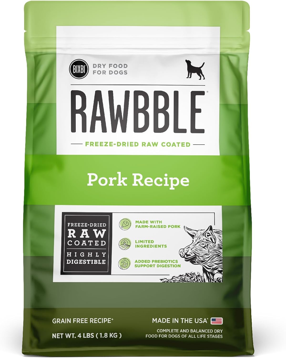 BIXBI Rawbble Dry Dog Food, Pork, 4 lbs - USA Made with Fresh Meat - No Meat Meal & No Corn, Soy or Wheat - Freeze Dried Raw Coated Dog Food - Minimally Processed for Superior Digestibility