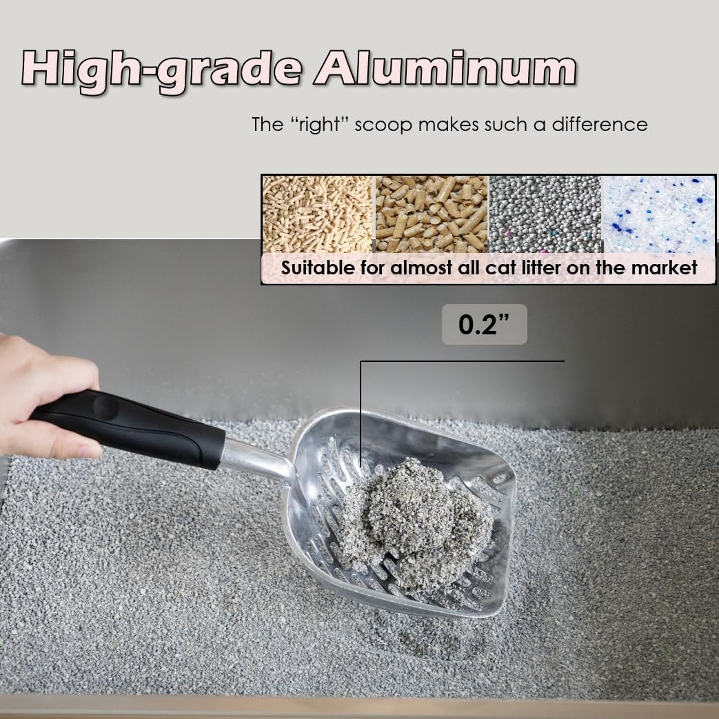 Full Metal Cat Litter Scoop with Holder – Heavy Duty Litter Scooper & Speed Sifter – Aluminum Cat Poop Scooper Captures All Clumps – Washable Stand for Easy Cleaning