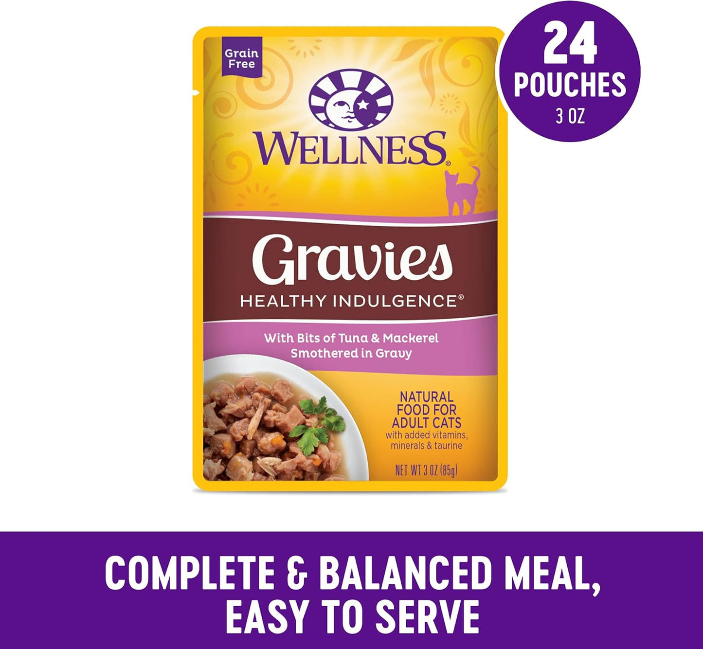 Wellness Healthy Indulgence Gravy Adult Wet Cat Food, Natural, Protein-Rich, Grain Free, 3 Ounce Pouch, 24 Pack, (Tuna & Mackerel)