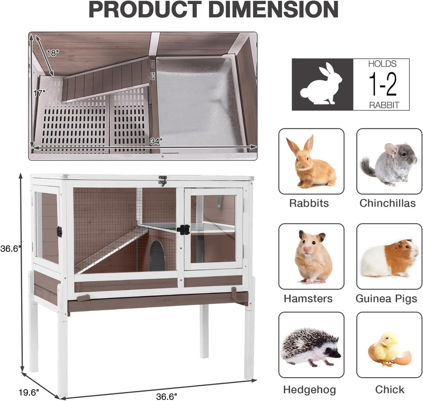 Guinea Pig Cage Indoor with Cool Zinc Plate Rabbit Hutch with Wheels and Removable Proof Tray Elevated Legs Hamster Cage with Chew-Resistant Metal Frame 36.6" L（Brown）