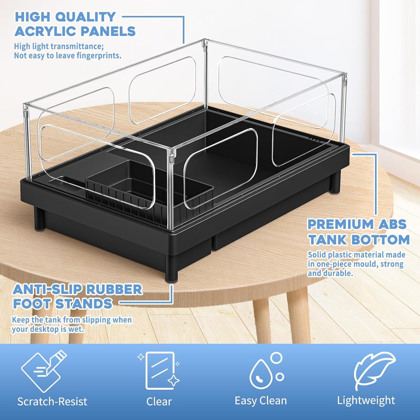 Small Turtle Tank Kit, Acrylic Turtle Tank Starter Kit with Basking Platform, Bottom Drainage, Multi-Function Areas for Turtles, Crabs, Crayfish, Small Reptiles. (Black+White)