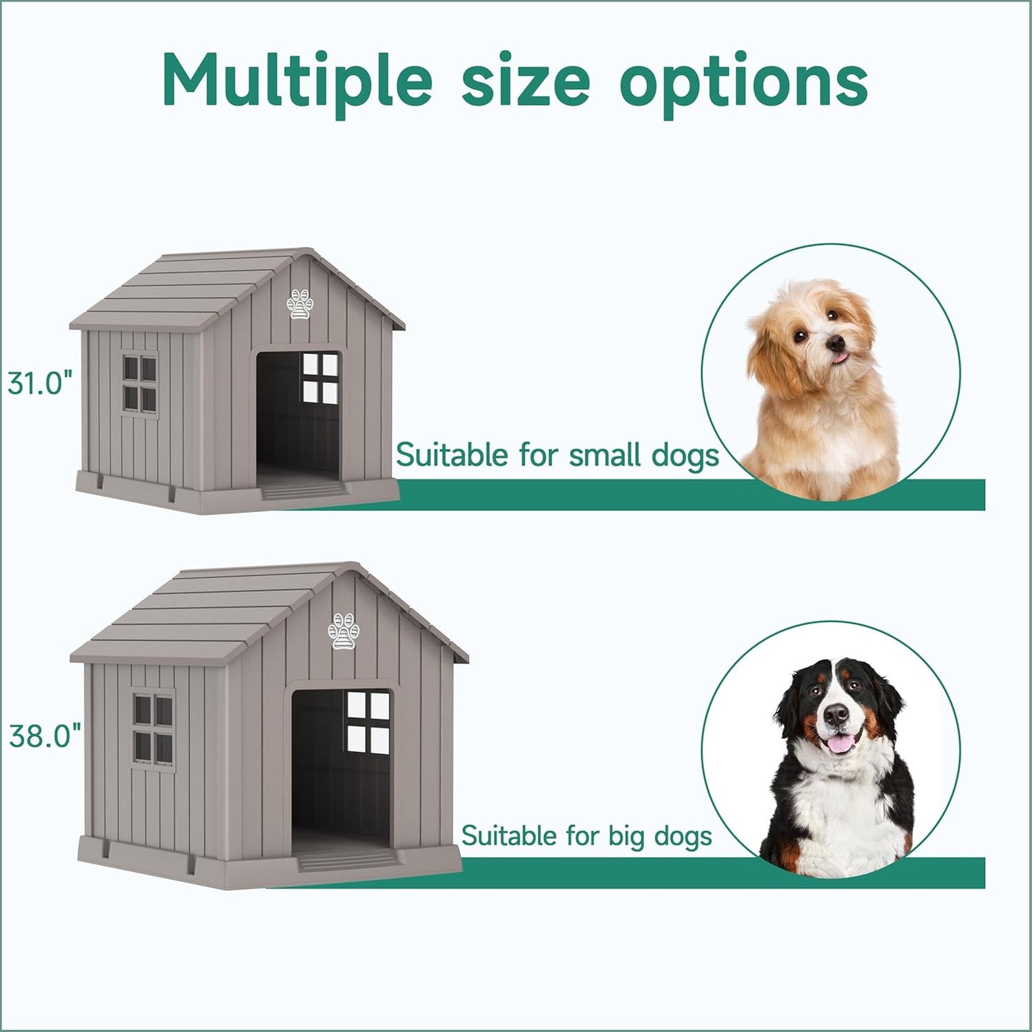 Vixzen 32in Large Outdoor Dog House,Durable Water Resistant Resin Dog House,Doghouse for Small to Large Dogs Indoor or Outside,with Air Vent and Elevated Floor,Gray