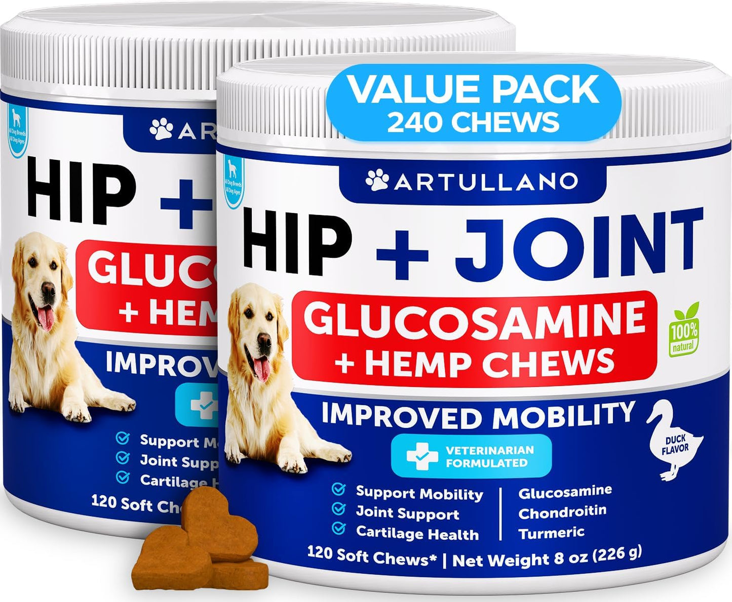 (2 Pack) Hemp Hip and Joint Supplement for Dogs - Glucosamine for Dogs Joint Pain Relief - Chews with Chondroitin, MSM, Hemp Oil - Mobility Support - Canine Cartilage Health - Made in USA