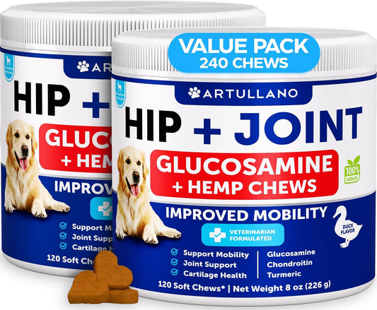 (2 Pack) Hemp Hip and Joint Supplement for Dogs - Glucosamine for Dogs Joint Pain Relief - Chews with Chondroitin, MSM, Hemp Oil - Mobility Support - Canine Cartilage Health - Made in USA