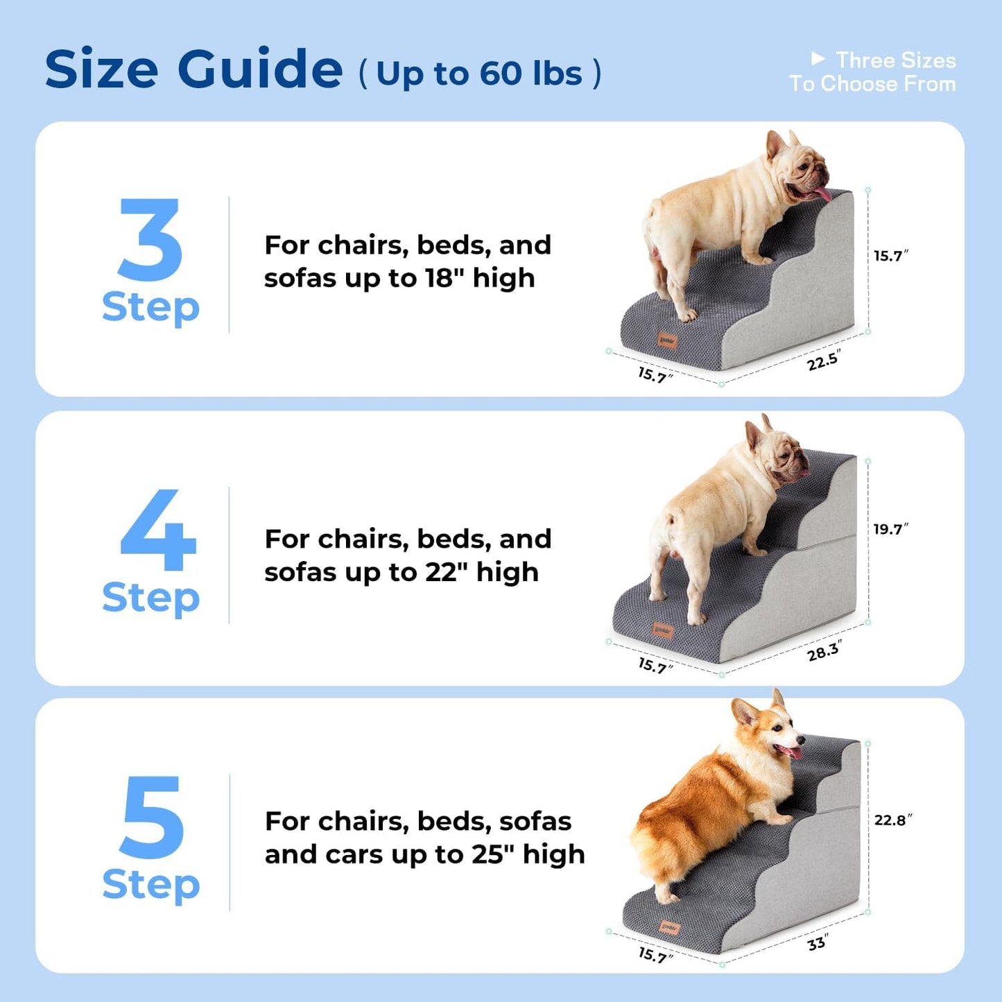 Dog Stairs for High Beds 22.8" H - Pet Stairs Ramp for Couch, 35D Foam Dog Steps for Small to Large Dogs with Non-Slip Bottom Grey, 5 Steps
