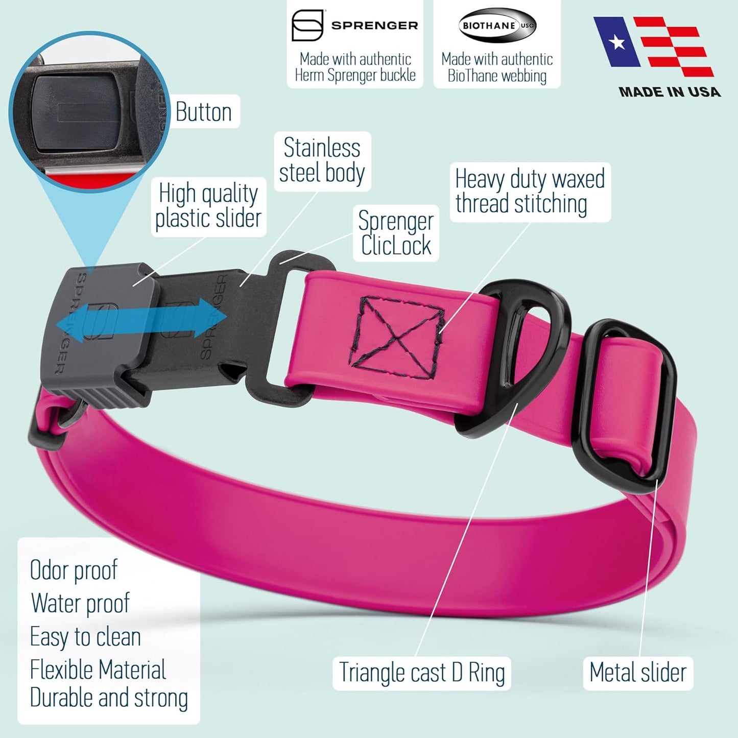 Dogline Biothane Waterproof Dog Collar with Herm Sprenger Stainless Steel Quick Release Buckle – Heavy Duty Tactical Durable Collar for Dogs – Comfortable and Safe Pet Collar, W 1" L 15-25", Magenta