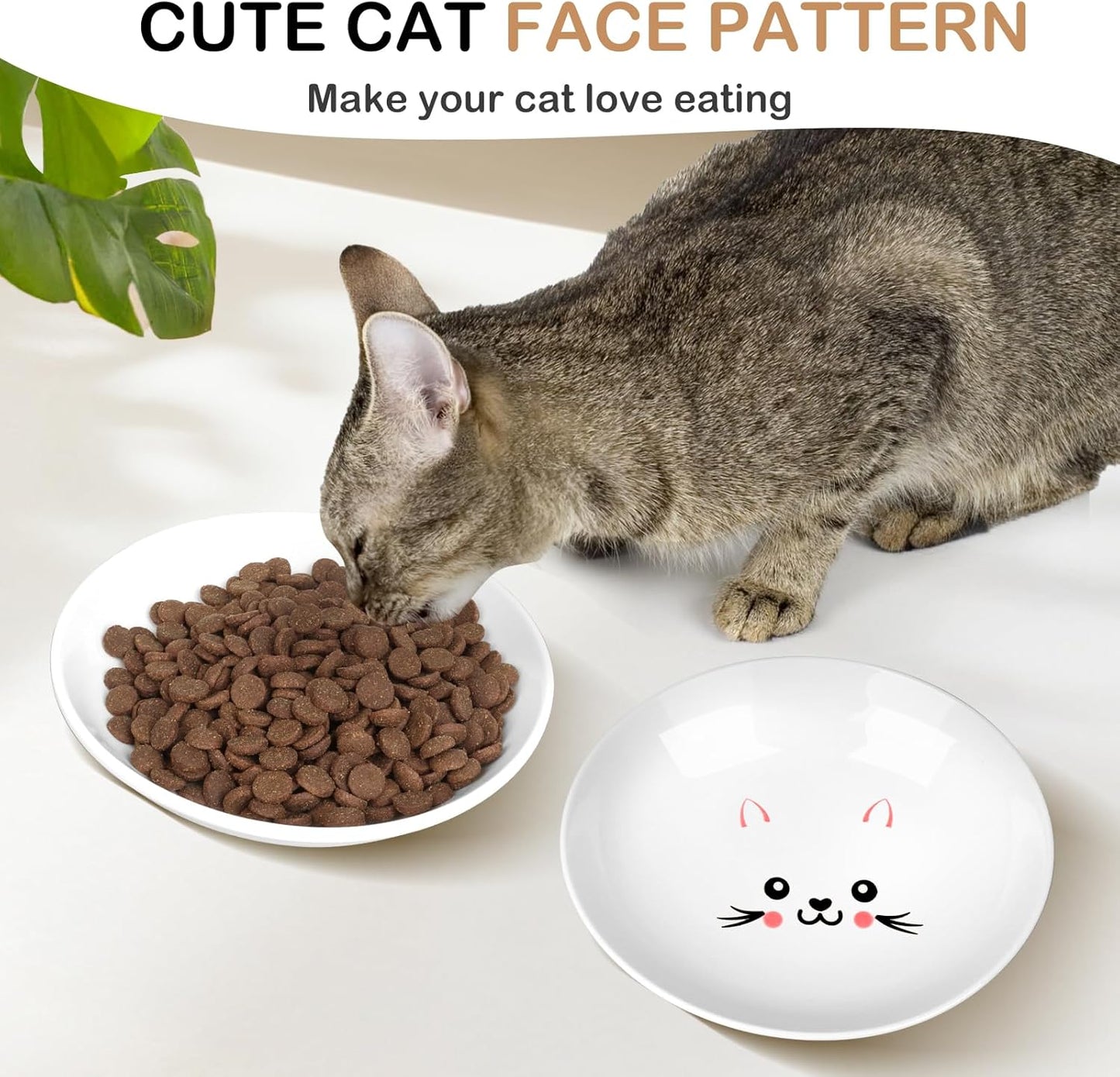 TRUVIC 4 Pack Ceramic Cat Food Bowls, 5.9 Inch Ceramic Cat Dishes Set for Indoor Cats and Small Dogs, Anti Whisker Fatigue Kitten Bowls, Wide Shallow Kitten Plates for Food and Water (Cute Face)