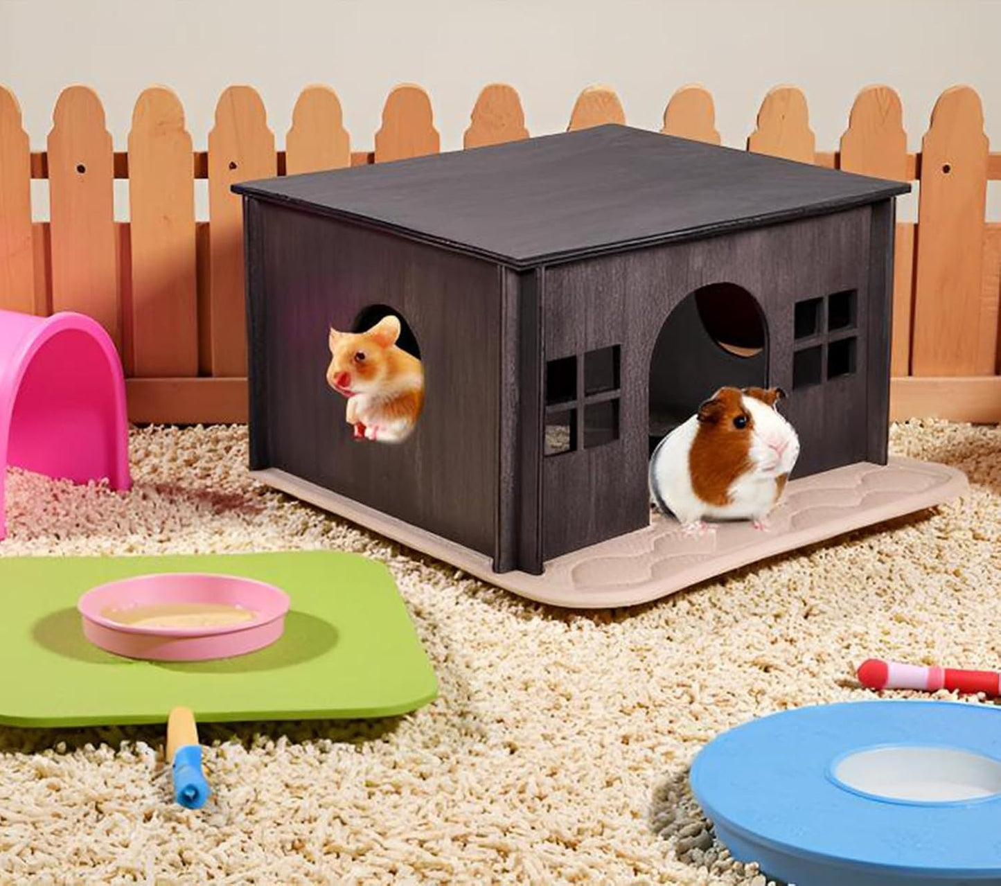 Wooden Guinea Pig House with Windows,Hamster Hideout, Large Size Suitable for Two Guinea Pig Hideout, Ventilated Wood Habitats Decor for Chinchilla, Hamster Mice Gerbils Mouse