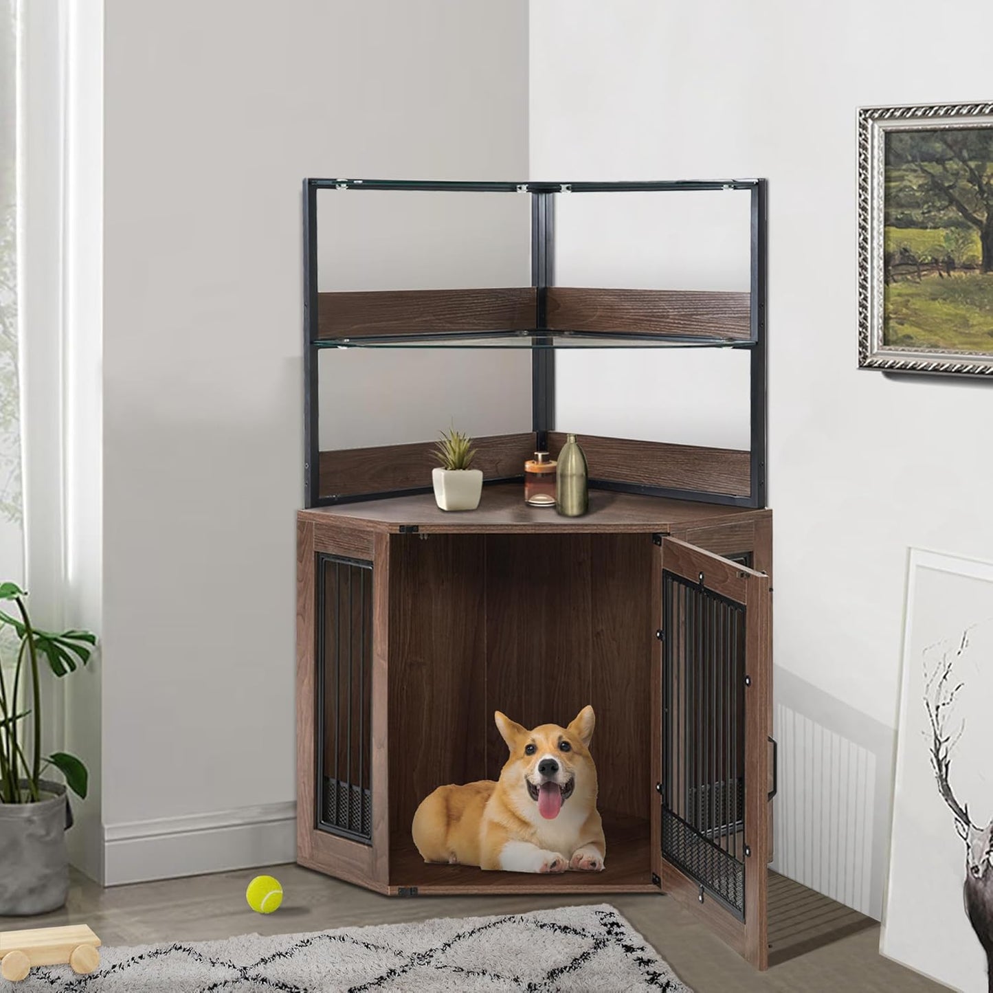 MCombo Small Corner Dog Crate Furniture with Glass Shelves, Wooden Dog Kennel Furniture with Door, Pet Crate Indoor Use, CN17 (Brown)