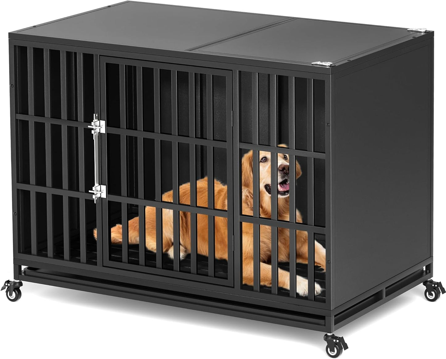 48 inch Heavy Duty Dog Crate with Self-Locking Latch, Indestructible Large Steel Kennel with Enclosed Design, Escape-Proof and Chew-Proof Pet Cage for High Anxiety Dogs