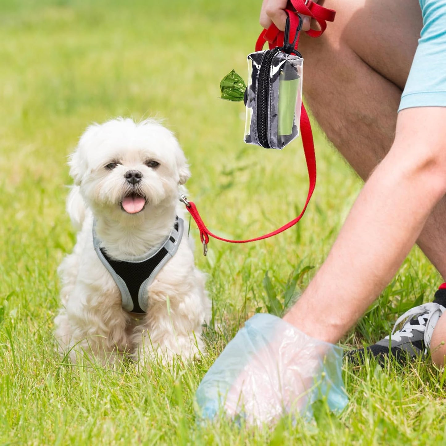 Clear Metal Dog Waste Bag Dispenser & Holder - Portable, 1 Hand Free, Fits Leash Accessory, Set Includes Dog Poop Bags