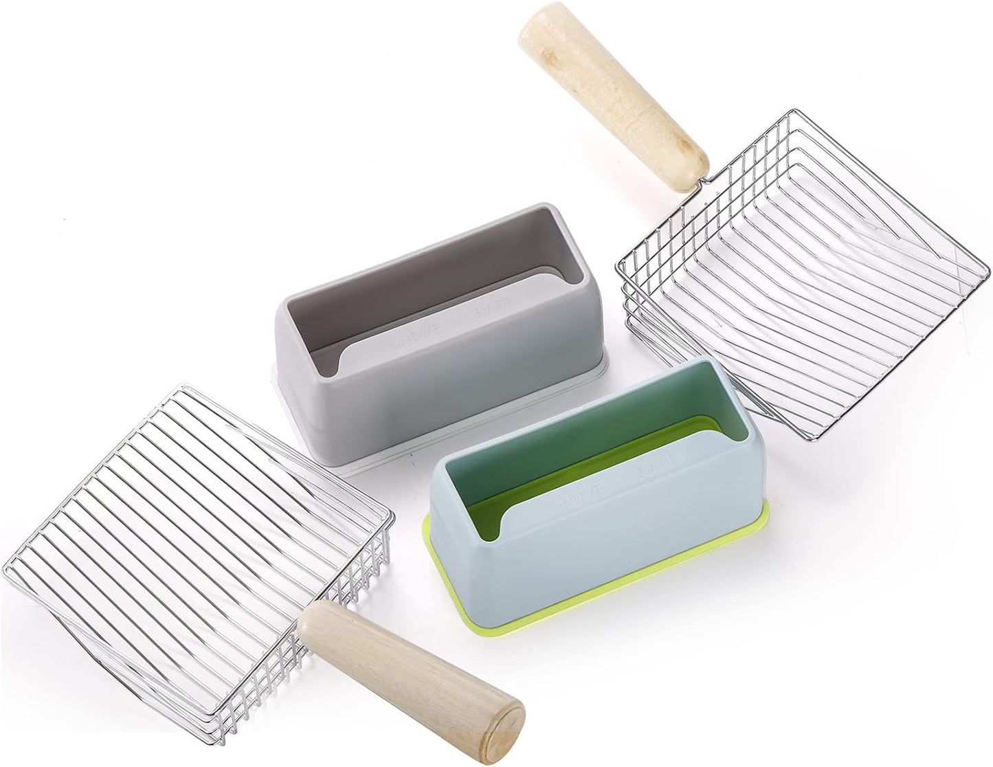 Hiceeden Set of 2 Cat Litter Scoop with Holder, Metal Kitty Litter Scoop Holder with Wooden Handle, Cat Poop Scooper for Kitten Litter Box, Fast Sifting, Gray and Blue