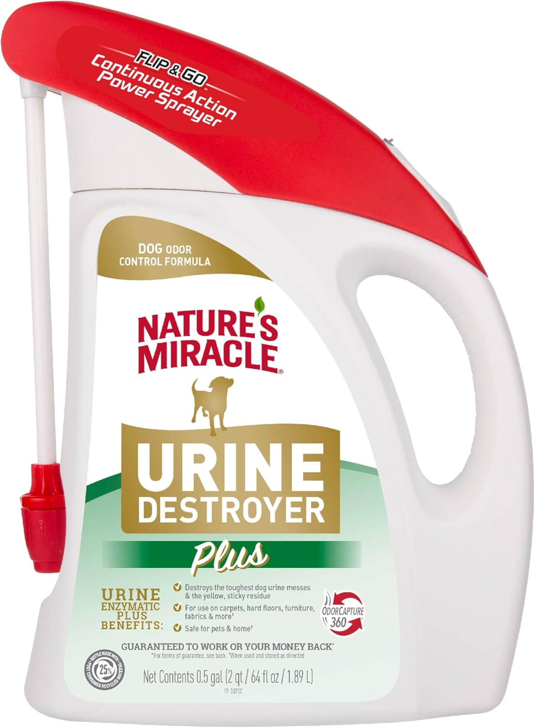 Nature's Miracle Urine Destroyer Plus for Dogs with Flip & Go Sprayer, 64 Ounces, Enzymatic Formula for Dogs Powers Out Tough Dog Urine Messes and Yellow, Sticky Residue