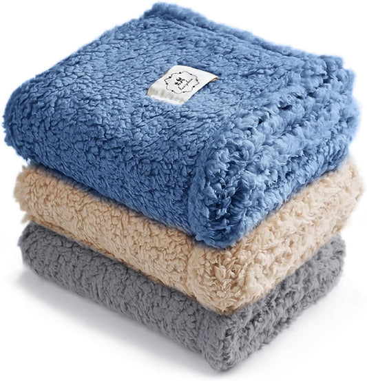 Luciphia 1 Pack 3 Calming Dog Blanket Fluffy Premium Fleece Pet Blankets Soft Sherpa Throw for Dogs Puppy Cat Grey/Beige/HazeBlue Medium (30" x20")