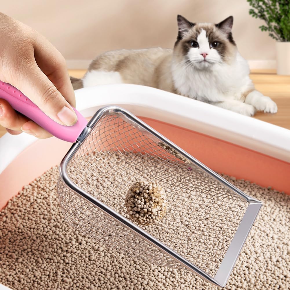 Cat Litter Scoop,Sturdy Litter Cleaner Corner Shovel,2Pcs Stainless Steel Mesh Litter Shovel,Easy to Clean Reptile Terrarium Sand Waste,Beach Shovel(2 Pcs Pink)