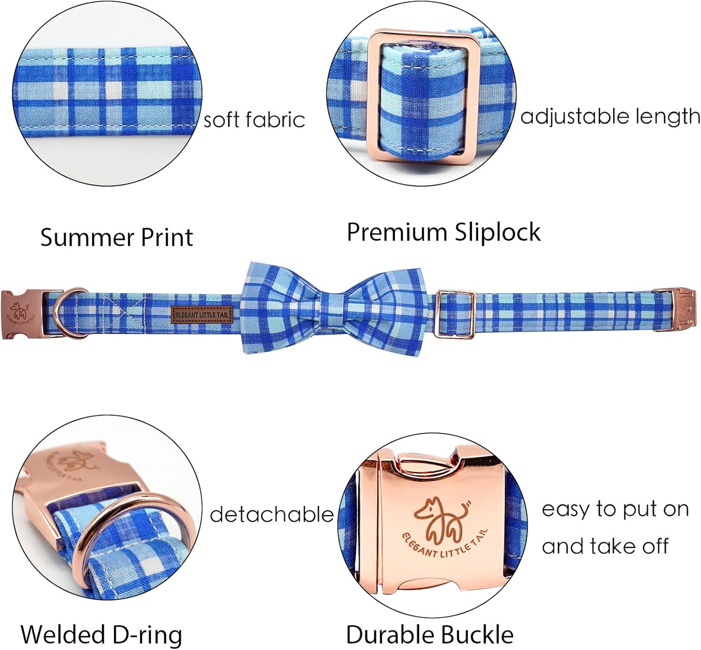 Elegant little tail Dog Collar with Bow - Blue Plaid Boy Dog Collar Cute Bowtie Pet Collar Adjustable Dog Collar for Small Puppy and Dog