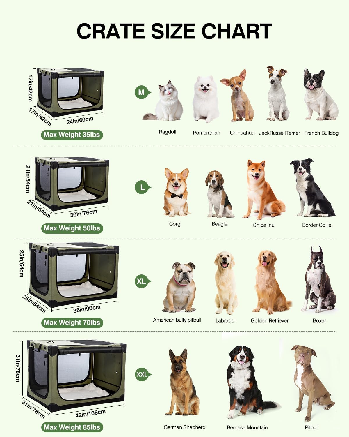 24-Inch Collapsible Travel Dog Crate, Portable 4-Door Soft Kennel for Medium to Large Dogs, Durable Mesh Windows, Indoor/Outdoor Use, Foldable, with Storage Bag (Green)