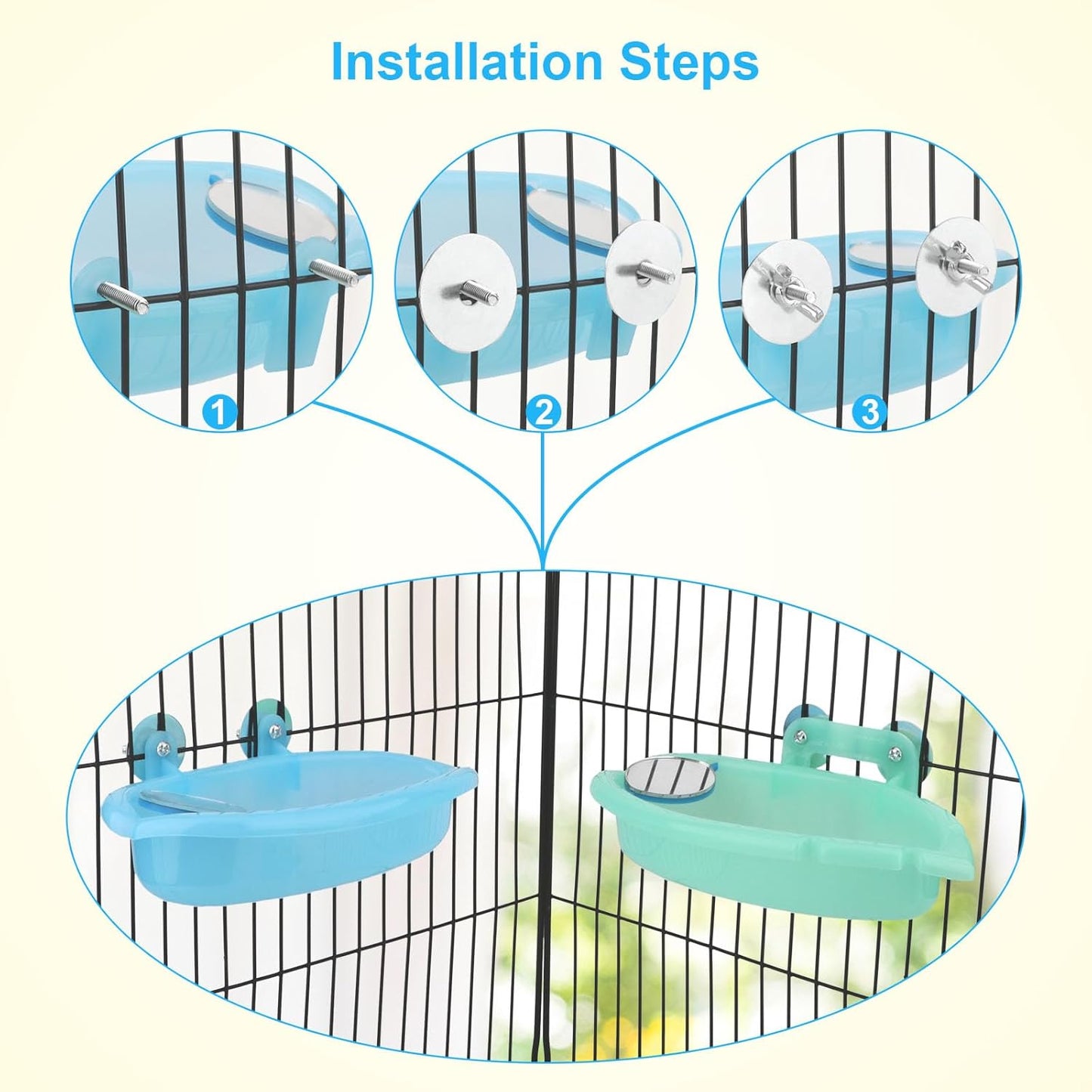 Wontee Bird Bath Box with Mirror Portable Parrot Hanging Bathroom Bathing Tub for Small Birds Cleaning Supplies (Blue(A)+Green)